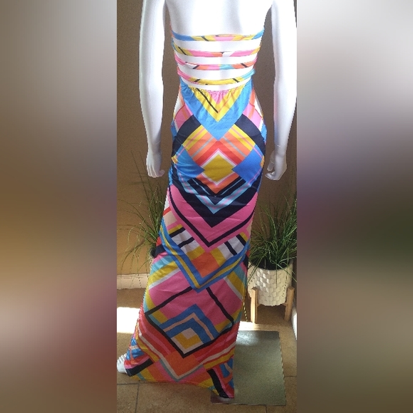 *SOLD OUT* 3 For $38 Bright Color Block Side Split Tube Top Maxi Dress - Picture 6 of 8